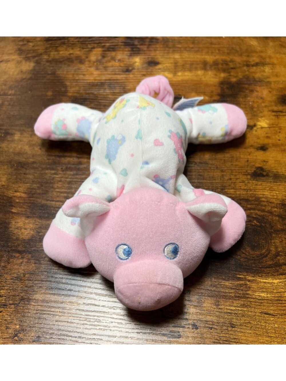 Vintage  Eden Pink Velour Pig Plush Laying 7" Stuffed Lovey Wearing Pjs